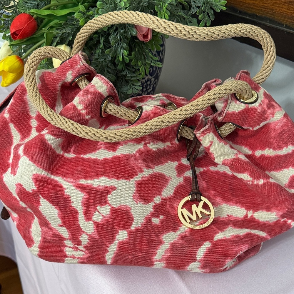 Michael Kors Marina Canvas Tote Red and Cream Tie-Dye Shoulder Bag